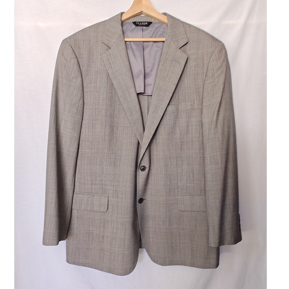 Jos. A. Bank Sport Coat Blazer Grey Tan Glen Plaid Stays Cool 44R Wool Blend